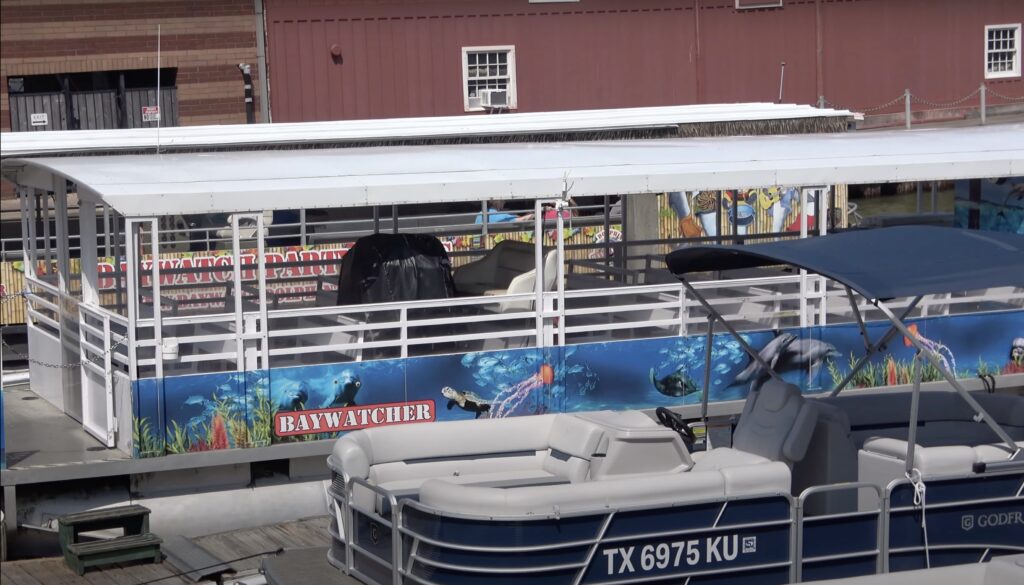 Dolphin Baywatcher tour boat docked at Pier 21 in Galveston, Texas, ready for dolphin watching cruises — a top attraction for cruise passengers and family-friendly tours