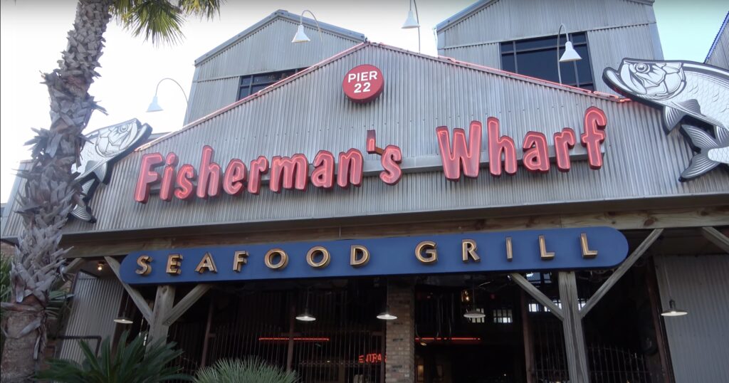 Fisherman’s Wharf Seafood Grill at Pier 22 in Galveston, Texas, a popular waterfront restaurant near the cruise port serving fresh Gulf Coast seafood.