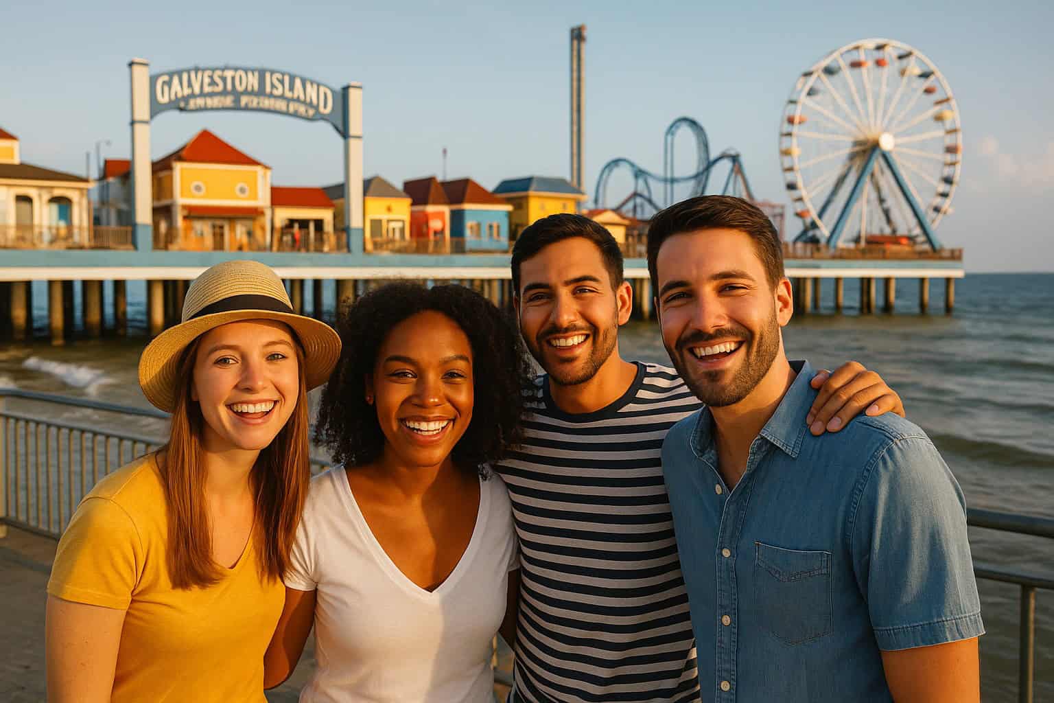 Group of people in front of the Galveston Historic Pleasure Pier