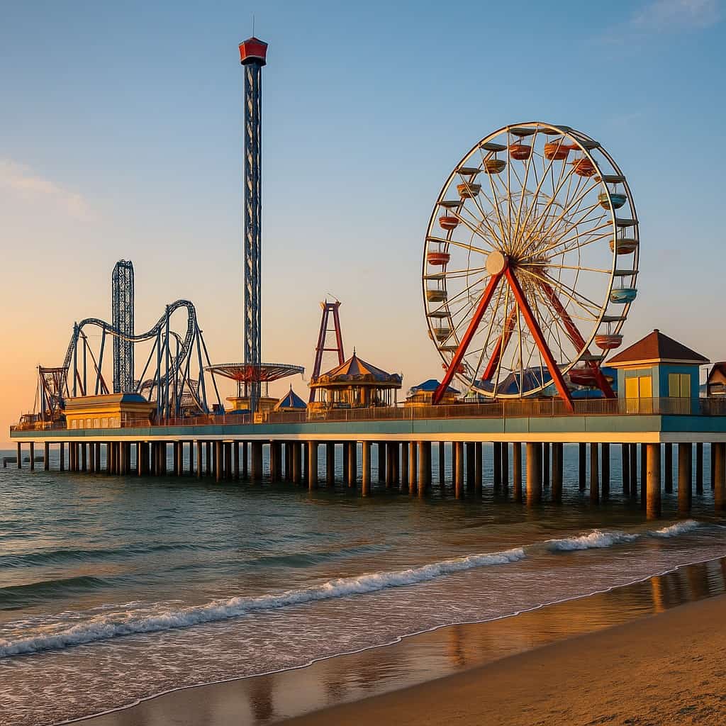 Galaxy Wheel, Texas Star Flyer, and Iron Shark Rollercoaster - Pleasure Pier Galveston